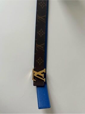 Louis Vuitton Brown Monogram & Blue Leather Reversible Belt with Gold LV Buckle